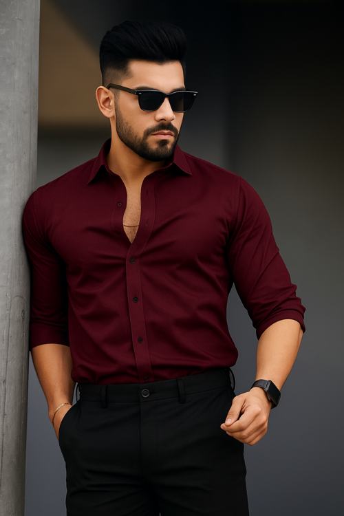 Men Regular Fit Solid Shirt (Size-S, Maroon)